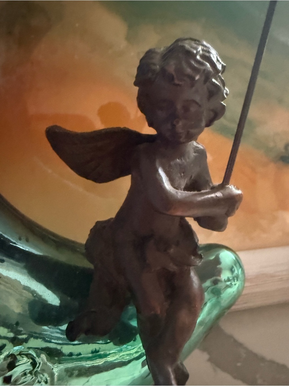 Glass Crescent Moon Lamp with Cherub - Blue & Green - Picture 3 of 7